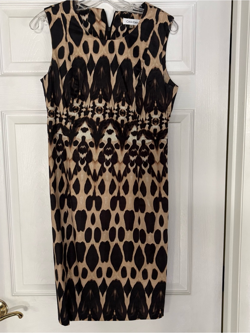 Calvin Klein Tan, Brown & Black Print Sleeveless Midi Sheath Dress S/8